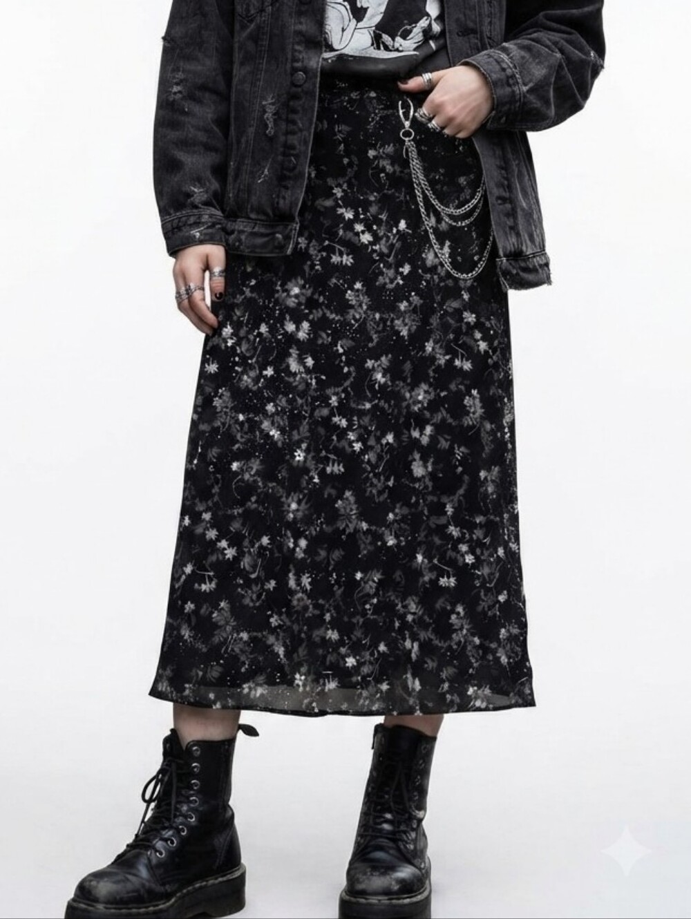 Vintage 90s Fashion Bug Floral Glitter Midi Skirt Black M